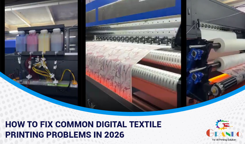 Technician troubleshooting digital textile printing problems on fabric printing machine